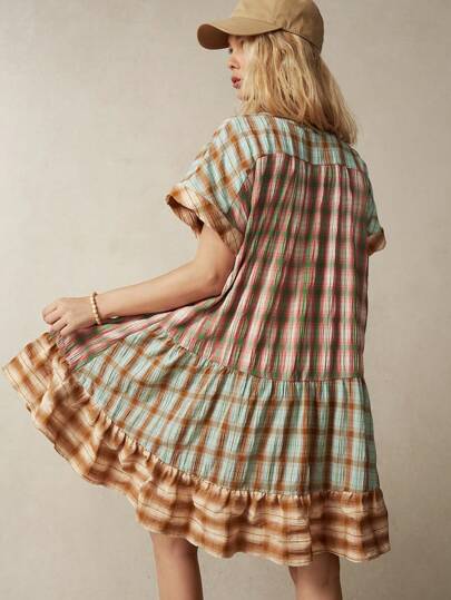 Bohemela 多彩格子拼布女式度假连衣裙