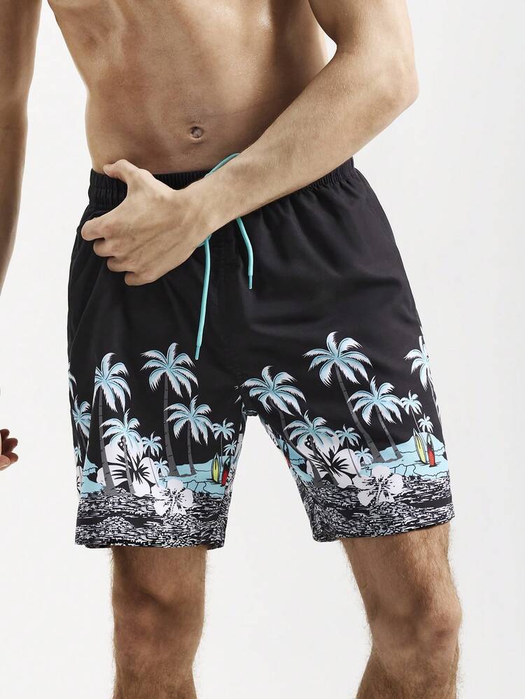 Men Palm Tree Printed Elastic Waistband Wide-Leg Beach Shorts For Vacation (Random Cut Print)