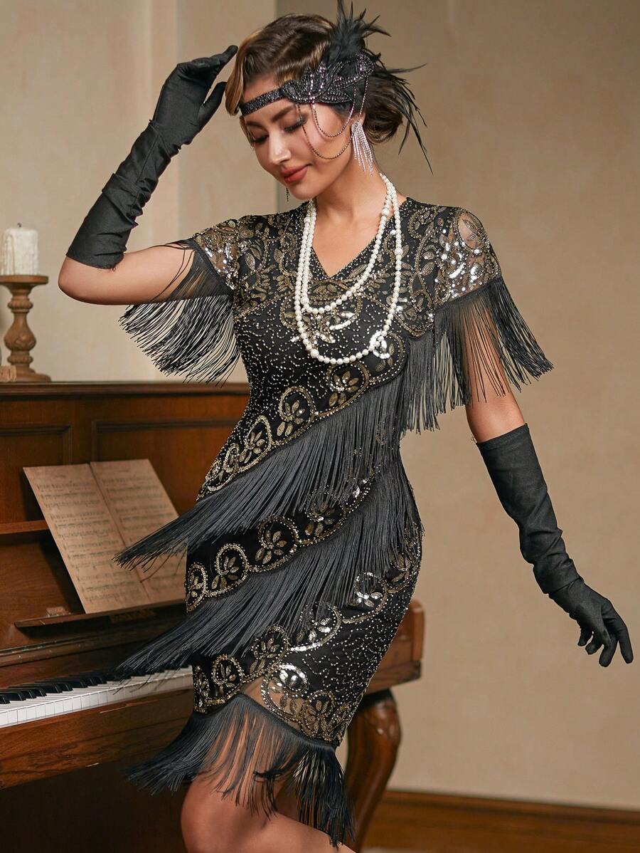 LVNES Women's 1920s Flapper Fringe Dress, Sequin Glitter Party Ball Gown,Prom Dress - Black - View 1