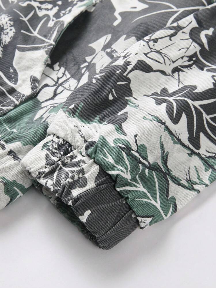 Men's Spring & Autumn Plant Printed Long Sleeve Drawstring Hooded Casual Denim Jacket