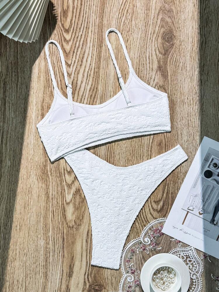Women's Solid Colored Textured Bikini Set For Vacation, Sexy Two-Piece Bikini Set,Summer Beach