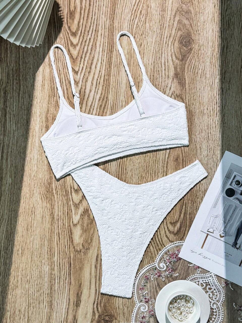 Women's Solid Colored Textured Bikini Set For Vacation, Sexy Two-Piece Bikini Set,Summer Beach