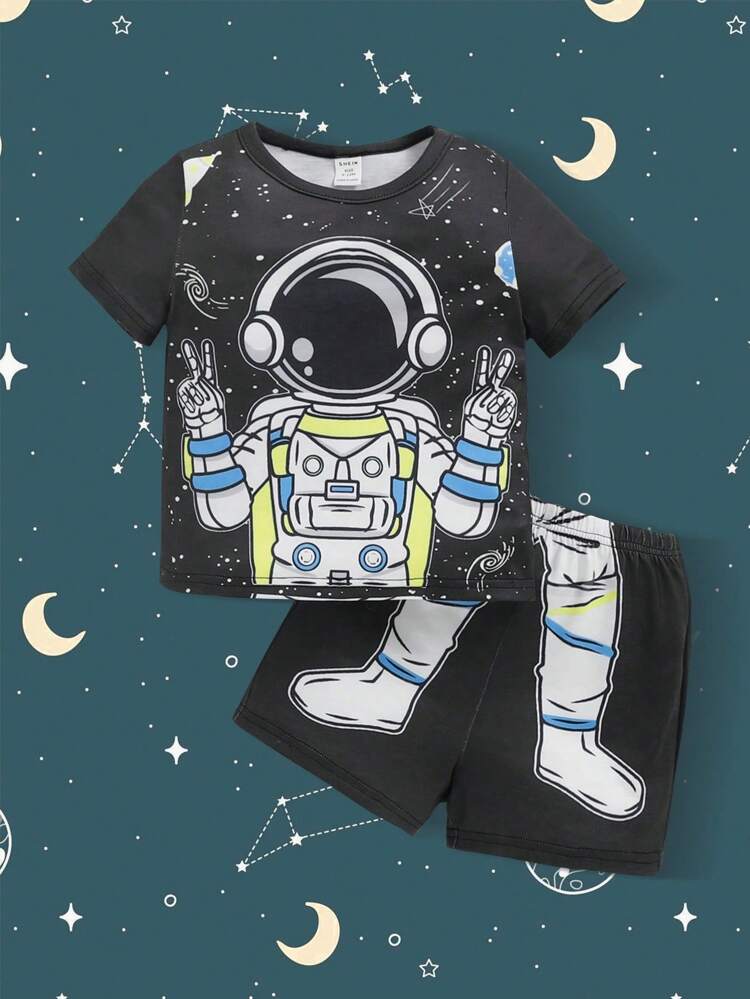 Baby Boys' Astronaut Pattern Round Neck Short Sleeve T-Shirt And Casual Shorts Set