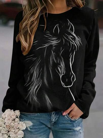 SHEIN Horse Printed Casual Long Sleeve T-Shirt Graphic Tees Women Tops For Spring Outfit Fall Cloth For Women