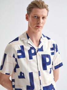 Manfinity VCAY 新款男士休閒數字印花短袖襯衫，穿梭編織風格 - 彩色 - 查看 5