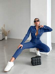 RueChic Zip Up Flap Pocket Denim Jumpsuit - Blue - View 6