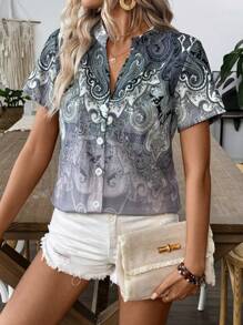 EMERY ROSE 女性時尚的V領印花休閒鈕扣襯衫