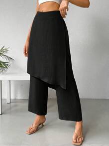 SHEIN Essnce Women Two-Layered Linen Color Loose Straight Long Skirt & Pants For Spring And Summer Casual Wear - Black - View 6