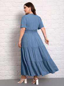 SHEIN Privé Plus Size V-Neck Elegant Lace Patchwork Long Casual Summer Holiday Short Sleeve Dress