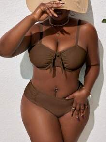 SHEIN Swim Curve Plus rozmiar Zwykły brązowy prosty biustonosz i dół od bikini Strój kąpielowy na letnią plażę