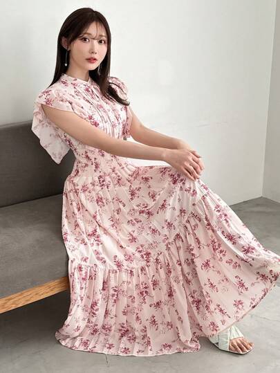FRIFUL 女式夏季花卉印花盖袖中长连衣裙，带荷叶边装饰太阳裙