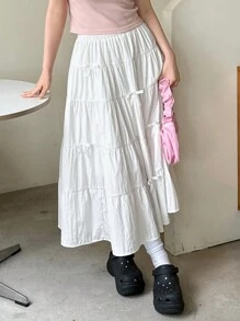 DAZY Women's Solid Color Bow Decorated Ruffle Hem Casual Skirt For Summer