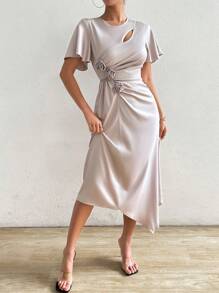 Chiquease Women's Summer Solid Color Round Neck Ruffled Short Sleeve Long Elegant Dress With 3D Flower Decoration - Apricot - View 4