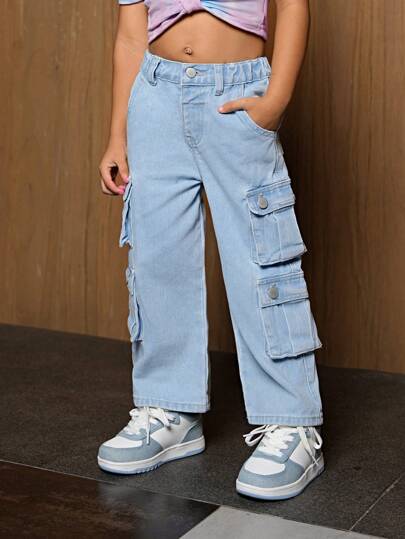 SHEIN Explorewe Young Girl Korean Version Loose Fit Street Style Multiple Pocket Wide Leg Denim Jeans