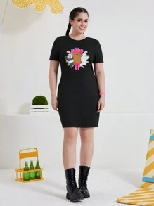 We Bare Bears X SHEIN Bodycon Kleid mit engem Sitz, Musikfestival Muster und Buchstaben Grafik in Große Größen für den Sommer