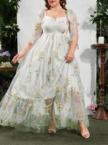 Flirla 大码女式时尚网眼刺绣褶皱长裙超长女装 - 白色 - 查看 3