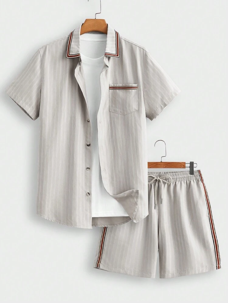 2pcs New Men's Woven Casual Short Sleeve Shirt Set