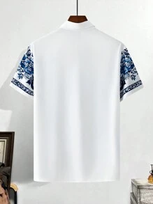Manfinity RSRT 男士夏季节日花卉印花图案短袖休闲衬衫，适合度假、朋友 - 藍色 - 查看 2