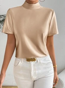Chiquease Satin Stack Collar Short Sleeved Backless T-Shirt - Apricot - View 5