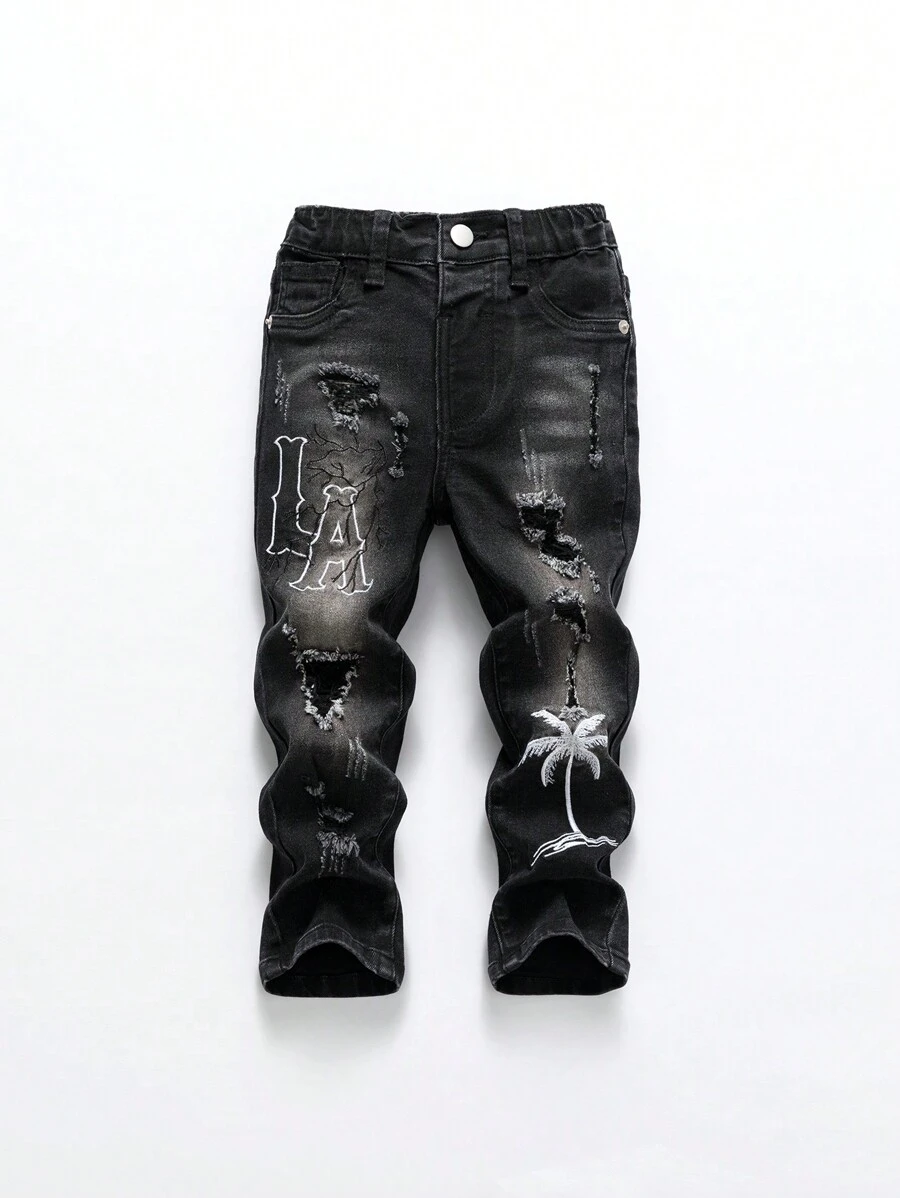 Young Boy Black Letter Embroidered Ripped Jeans - Black - View 1