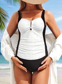 SHEIN Maternity Summer Beach Color Block Ruched Bust Textured Tankini Swimwear - Black and White - View 6