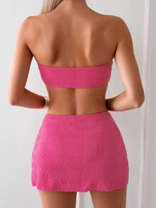 SHEIN Swim Summer Women's Solid Color Bandeau Bikini Set For Vacation, Scover Up Skirt 3pcs - Hot Pink - View 7