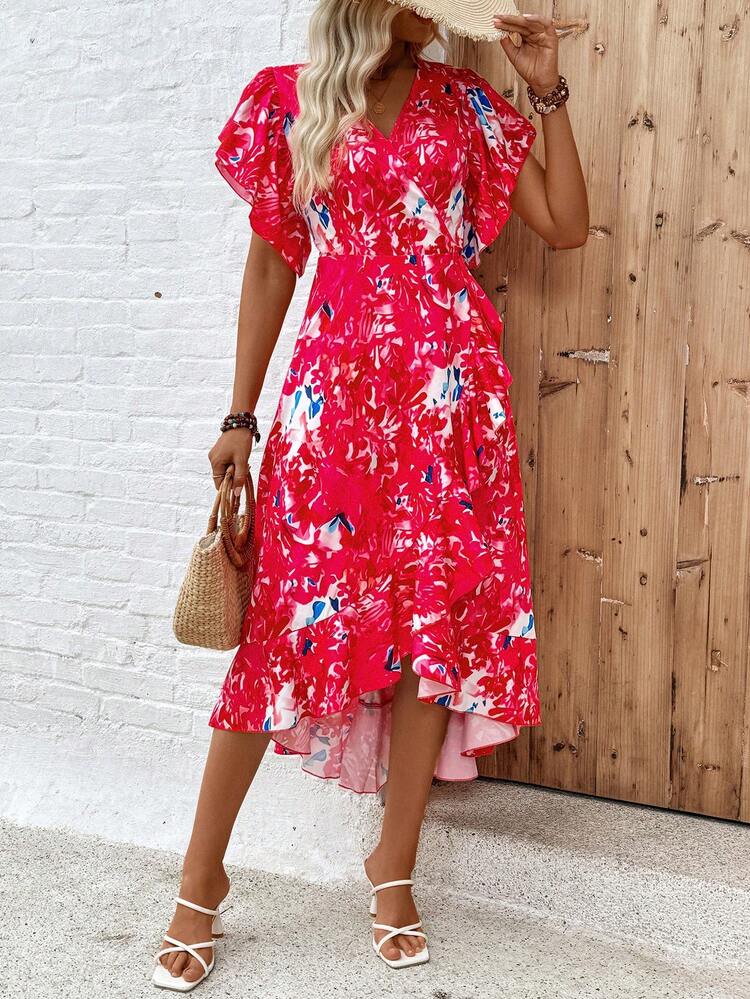 Women's Floral Print Holiday Style Dress With Ruffled Sleeves