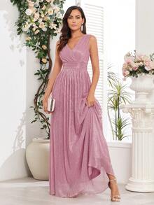 Double V-Neck Sparkly Bridesmaid Dress - Dusty Pink - View 6
