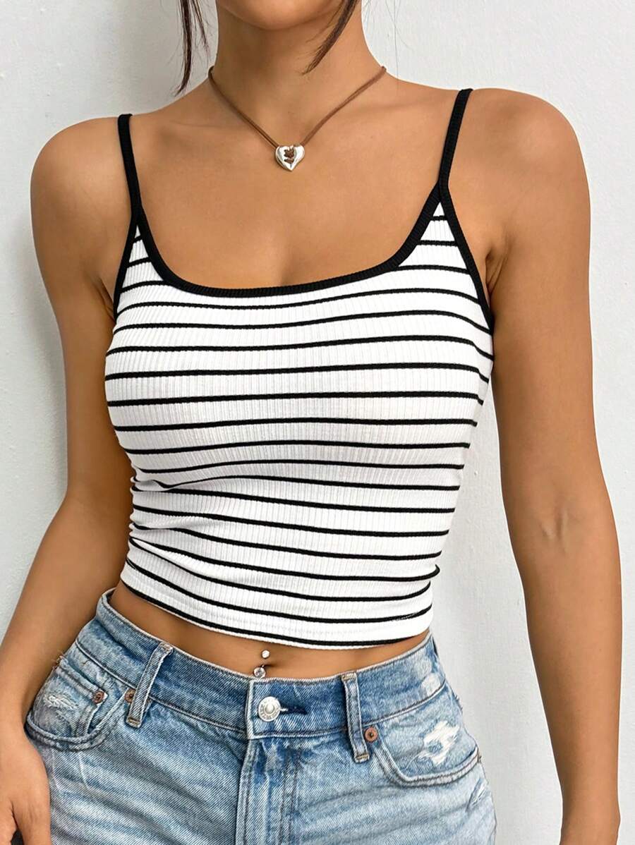 SHEIN EZwear Top de punto de canalé negro y blanco a rayas para mujer - Blanco y Negro - Ver 1