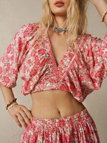 Bohemela Ensemble de 2 pièces pour femmes avec petit haut à manches longues et à encolure en V en imprimé fleuri doux Boho et jupe courte assortie - Multicolore - Voir 7