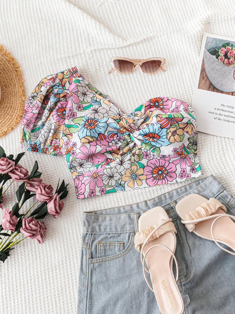 WYWH Vacation Women's Leisure Holiday Seaside Vacation Twisted One Shoulder Back Strap Flower Print Top