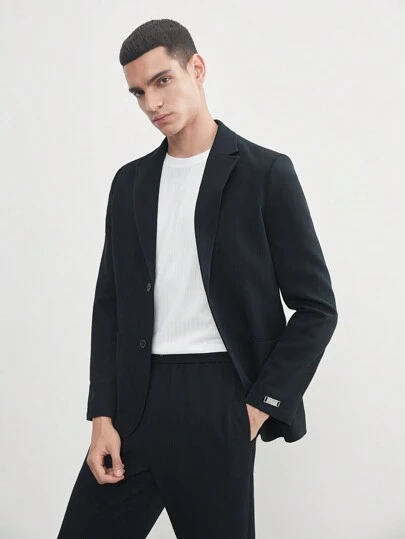 AKNOTIC Business Casual Easy Care 2pcs Men's Old Money Style Woven Business Slim Fit Suit Jacket Elastic Waist Drawstring Suit Pants Set For Spring And Summer