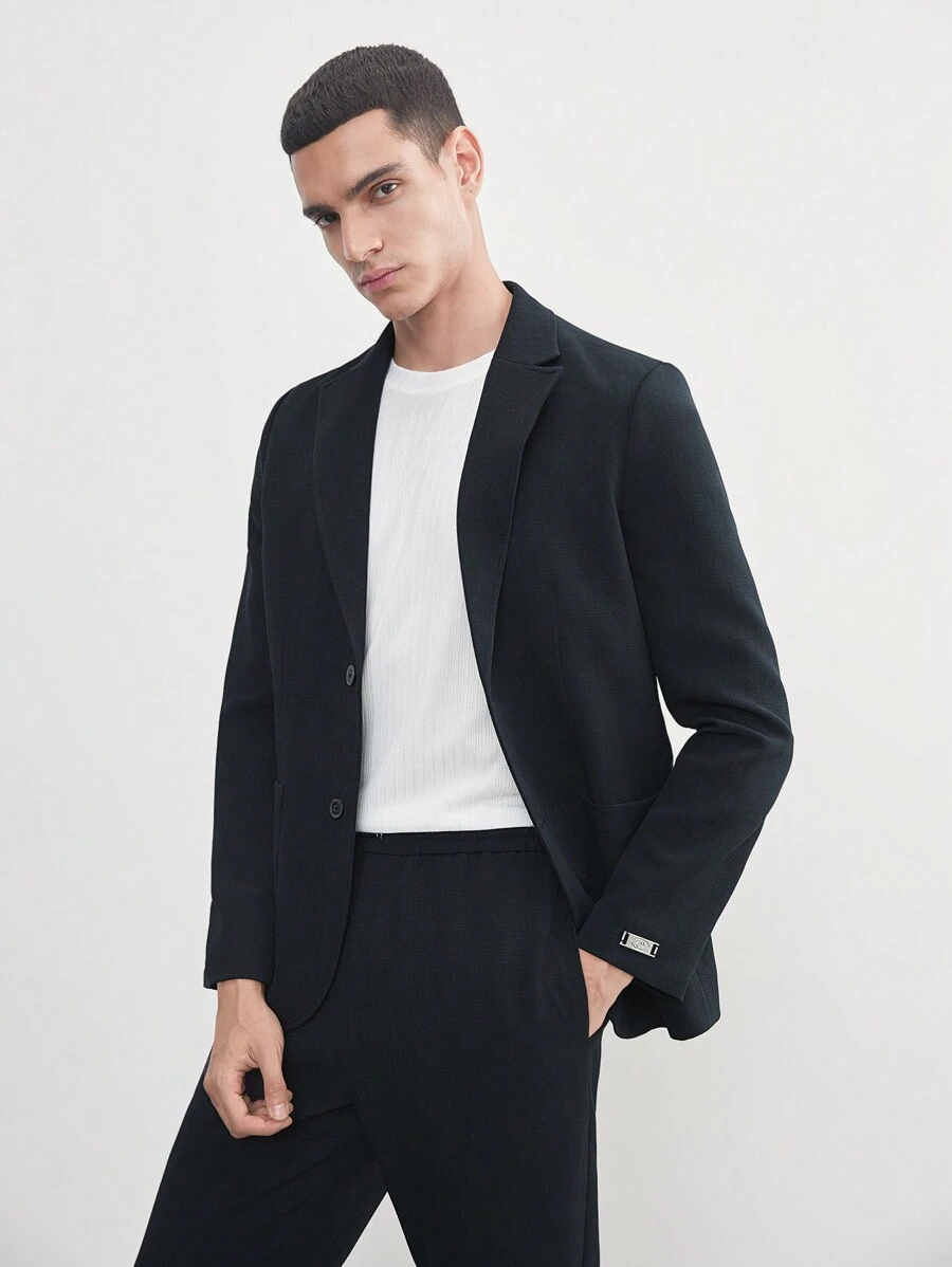 AKNOTIC Business Casual Easy Care 2pcs Men's Old Money Style Woven Business Slim Fit Suit Jacket Elastic Waist Drawstring Suit Pants Set For Spring And Summer - Navy Blue - View 1