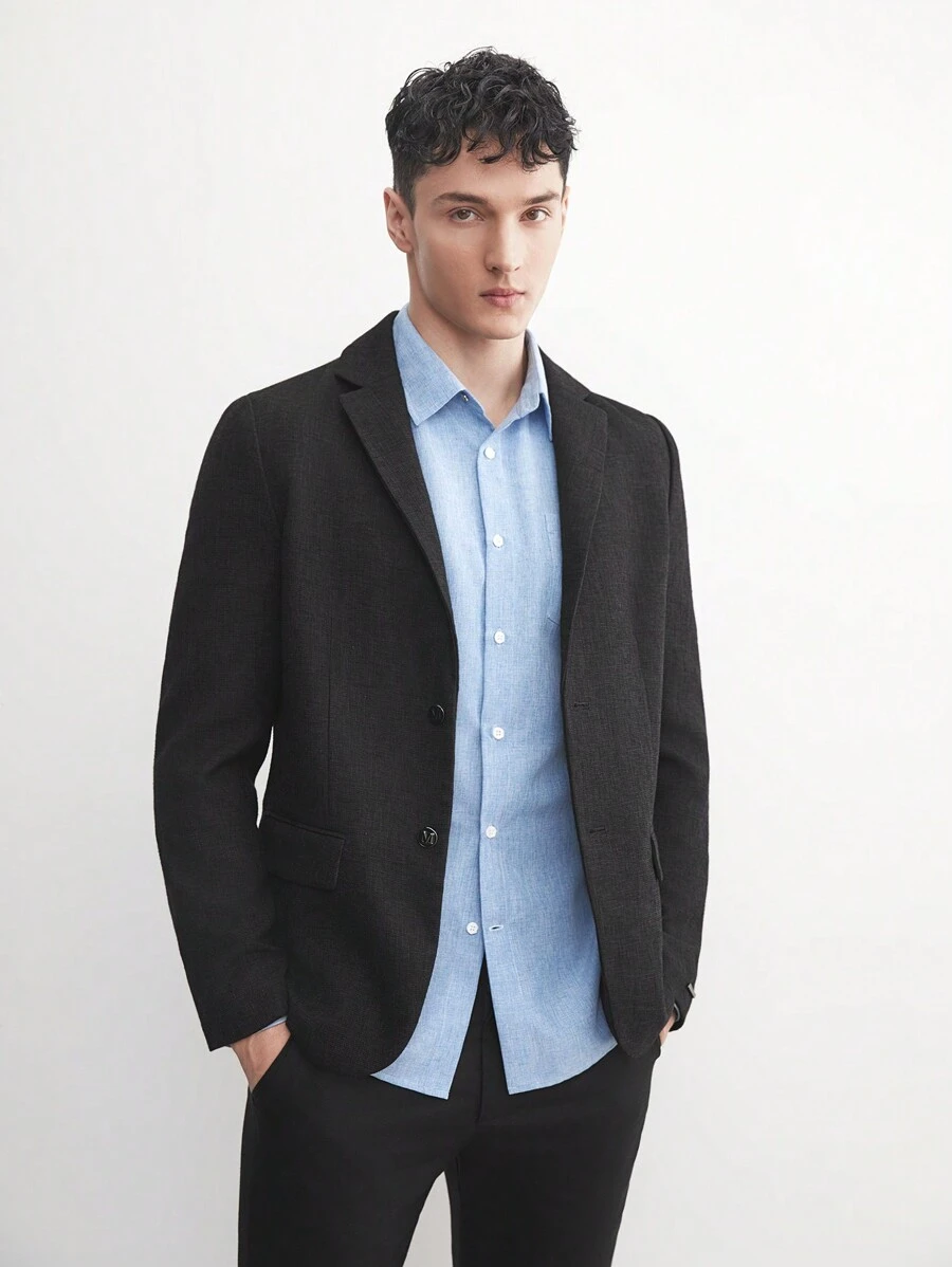 AKNOTIC Business Casual 商务休闲男士编织人字纹西装外套，适合春夏季和秋冬季 - 黑色 - 查看 1