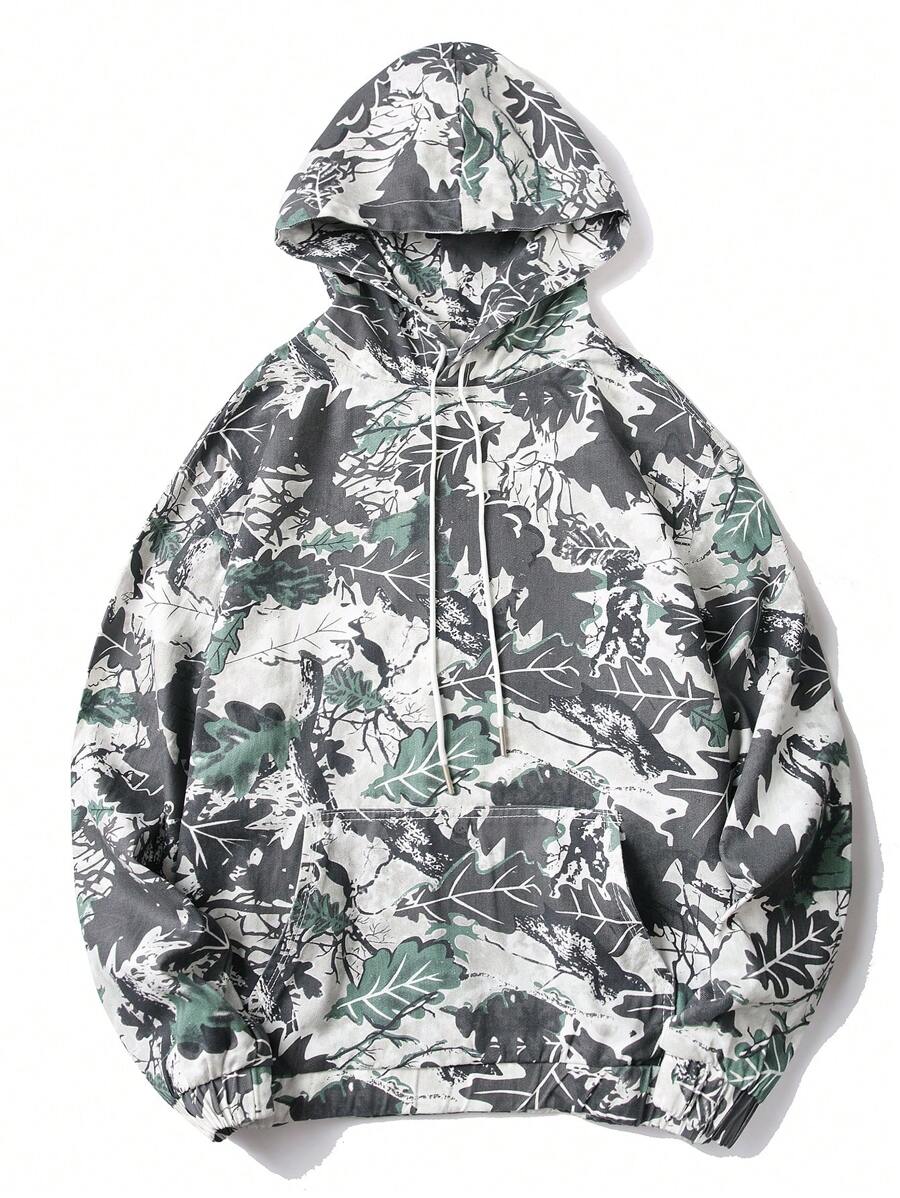 Manfinity Hypemode 男款春秋植物印花長袖束繩帽外套，休閒丹寧夾克 - 彩色 - 查看 1