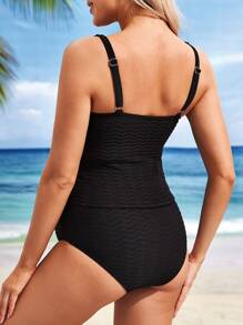 SHEIN Maternity Summer Beach Color Block Ruched Bust Textured Tankini Swimwear - Black and White - View 2