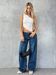 TRNVIE 蕾丝透视单肩女式简约日常上衣，适合节日聚会服装 - 白色 - 查看 5