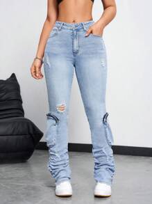SHEIN EZwear Lässig Jeans für Damen mit zerrissenem Detail, Falten und Reißverschlusstaschen - Helle Waschung - Übersicht 4