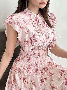 FRIFUL Women's Summer Floral Printed Cap Sleeve Midi Dress With Ruffled Trim Sundress