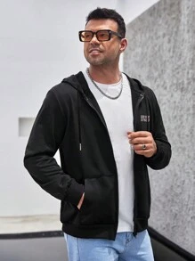 Manfinity Homme Men's Plus Size Drawstring Hoodie With Letter Print And Zipper, Long Sleeve - Black - View 4