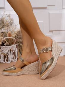 Nuevo Llegado Zapatos de Tacón de Cuña con Plataforma Gruesa y Decoración de Cuerda para Mujer, Adecuados para Actividades al Aire Libre, Uso Casual - Dorado - Ver 2