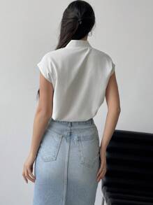 Firerie 大码优雅通勤新款中式立领无袖衬衫，落肩荷叶袖设计，纽扣闭合，白色 - 白色 - 查看 2