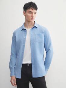 AKNOTIC Business Casual Easy Care Men's Woven Casual Navy Blue Solid Slim Fit Shirt With Straight Shoulders, Long Sleeves, Suitable For Spring And Summer