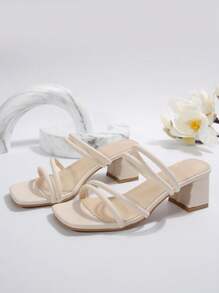 法式仙女凉鞋，女式夏季新款时尚粗跟细带优雅系带高跟凉鞋 - 米色 - 查看 7