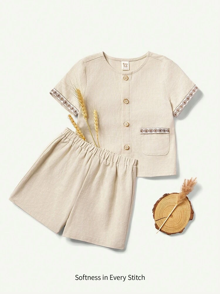 Baby Boy Summer Decorative Woven Tape Round Neck Short Sleeve Cardigan And Casual Shorts Two-Piece Outfits