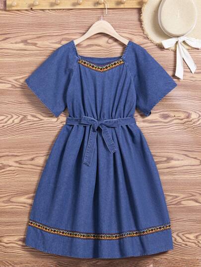 embroidered mesh dress h&m Dark Wash Denim Embroidered Open Back Mini Dress main image 1