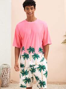 Manfinity VCAY Men Summer Palm Tree Printed Short Sleeve Knit Casual T-Shirt And Shorts Set