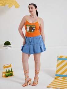 We Bare Bears X SHEIN Plus Size Fashionable And Versatile Casual Summer Ringer Cami Top With Bear And Letter Print, High Elasticity - Orange - View 5