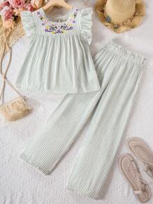 SHEIN Tween Girl Embroidered Flower Texture Striped Shirt And Long Pants Lightweight Casual Summer 2pcs Outfits