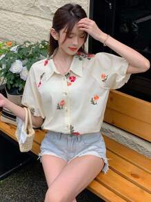 DAZY Blusa corta da donna con bottoni anteriori e ricamo floreale, manica corta, crop top estivo